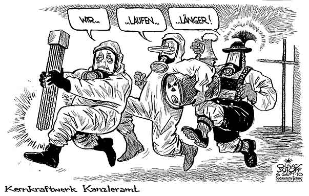  Oliver Schopf, politischer Karikaturist aus Österreich, politische Karikaturen, Illustrationen Archiv politische Karikatur Deutschland  2010  angela merkel kanzlerin cdu atomenergie laufzeit gipfel kanzleramt ausstieg   westerwelle csu  