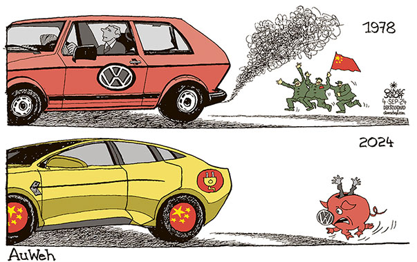 Oliver Schopf, politischer Karikaturist aus Österreich, politische Karikaturen aus Österreich, Karikatur Cartoon Illustrationen Politik Politiker Deutschland 2024: AUTOMOBIL INDUSTRIE WIRTSCHAFT VW VOLKSWAGEN CHINA BYD ELEKTROAUTO VERBRENNER SPAREN SPARKURS SPARSCHWEIN SCHWEINSGALOPP  NACHLAUFEN HINTERHER LAUFEN NACHSEHEN 














