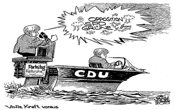  Oliver Schopf, politischer Karikaturist aus Österreich, politische Karikaturen, Illustrationen Archiv politische Karikatur Deutschland:   2010 cdu merkel parteitag karlsruhe rede motor boot 