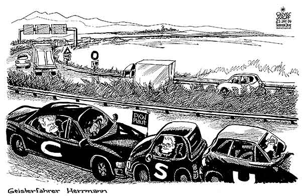 Oliver Schopf, politischer Karikaturist aus Österreich, politische Karikaturen aus Österreich, Karikatur Cartoon Illustrationen Politik Politiker Deutschland 2014: BAYERN CSU PKW MAUT JOACHIM HERRMANN INNENMINSTER SEEHOFER AUTOBAHN GEISTERFAHRER


   