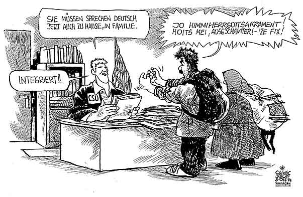  Oliver Schopf, politischer Karikaturist aus Österreich, politische Karikaturen, Illustrationen Archiv politische Karikatur Deutschland - Asyl und Flüchtlinge 2014: CSU BAYERN ZUWANDERER IMMIGRANTEN FLUECHTLINGE DEUTSCH SPRACHE FAMILIE INTEGRATION
