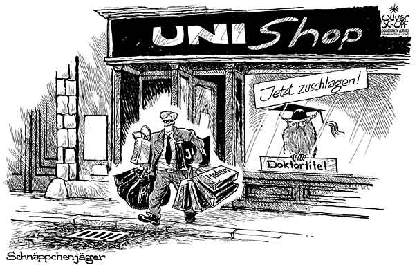 Oliver Schopf, editorial cartoons from Austria, cartoonist from Austria, Austrian illustrations, illustrator from Austria, editorial cartoon Germany 2009: a bargain. buy an academic titel in the uni store 