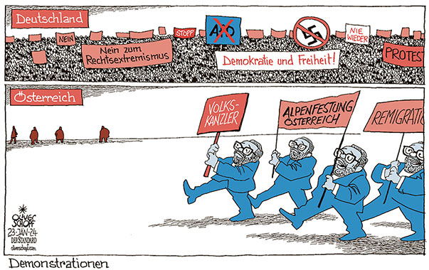 Oliver Schopf, politischer Karikaturist aus Österreich, politische Karikaturen aus Österreich, Karikatur Cartoon Illustrationen Politik Politiker Deutschland 2024: MASSENDEMOS DEMONSTRATIONEN RECHTSEXTREM AFD FPÖ HERBERT KICKL NAZI







