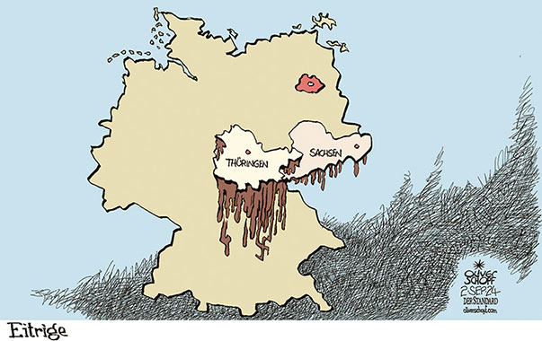 Oliver Schopf, politischer Karikaturist aus Österreich, politische Karikaturen aus Österreich, Karikatur Cartoon Illustrationen Politik Politiker Deutschland 2024: LANDTAGSWAHLEN THÜRINGEN SACHSEN WURST EITRIGE EITER AFD BRAUN QUELLEN FASCHISTEN RECHTSEXTREM 












