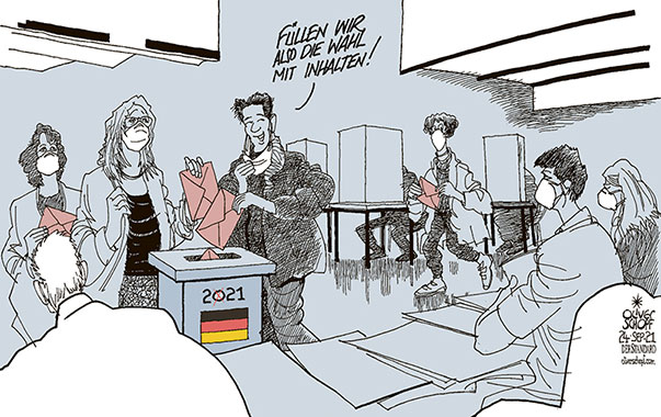 Oliver Schopf, politischer Karikaturist aus Österreich, politische Karikaturen aus Österreich, Karikatur Cartoon Illustrationen Politik Politiker Deutschland 2021: BUNDESTAGSWAHL WÄHLER WAHLTAG WAHLURNE WAHLLOKAL WAHLKAMPF INHALTE INHALTSLEER STIMMZETTEL KUVERT 





