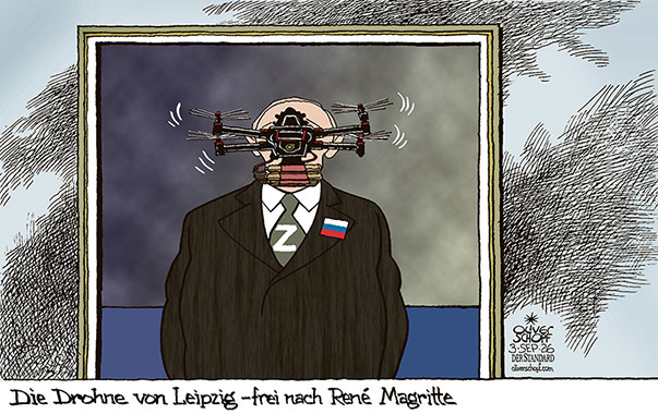 Oliver Schopf, politischer Karikaturist aus Österreich, politische Karikaturen aus Österreich, Karikatur Cartoon Illustrationen Politik Politiker Deutschland @oliverschopf.bsky.social 2026: DROHNE LEIPZIG FLUGHAFEN HERKUNFT HINTERMÄNNER RUSSLAND PUTIN RENÉ MAGRITTE BILD GEMÄLDE DER MANN MIT MELONE SURREALISMUS 


























