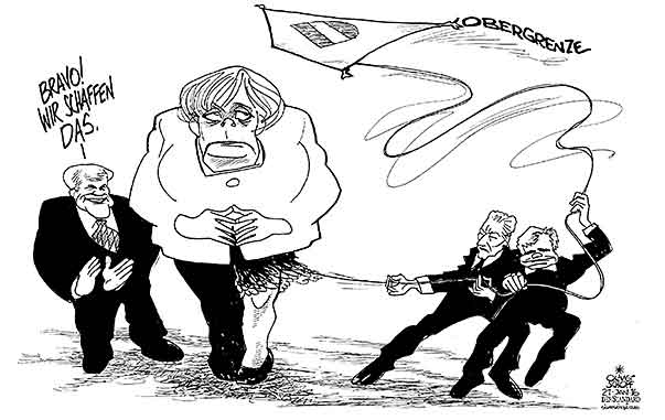  Oliver Schopf, politischer Karikaturist aus Österreich, politische Karikaturen, Illustrationen Archiv politische Karikatur Deutschland - Asyl und Flüchtlinge 2016 FLÜCHTLINGE OBERGRENZE FAYMANN MITTERLEHNER MERKEL SEEHOFER WIR SCHAFFEN DAS FADEN AUFDRÖSELN AUFTRENNEN HOSE  