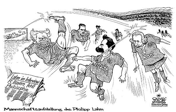 Oliver Schopf, politischer Karikaturist aus Österreich, politische Karikaturen aus Österreich, Karikatur Illustrationen Politik Politiker Deutschland 2009: fussball, fc bayern, philipp lahm, interview, philosophie, nietzsche, schopenhauer, kant, stadion

