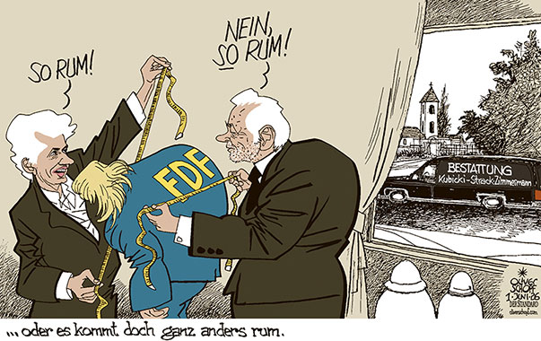 Oliver Schopf, politischer Karikaturist aus Österreich, politische Karikaturen aus Österreich, Karikatur Cartoon Illustrationen Politik Politiker Deutschland @oliverschopf.bsky.social 2026: FDP WOLFGANG KUBICKI MARIE-AGNES STRACK ZIMMERMANN NEUER PARTEICHEF KAMPFABSTIMMUNG BESTATTUNG ABMESSEN BESTATTUNGSINSTITUT TOTENGRÄBER FRIEDHOF ZUKUNFT 
























