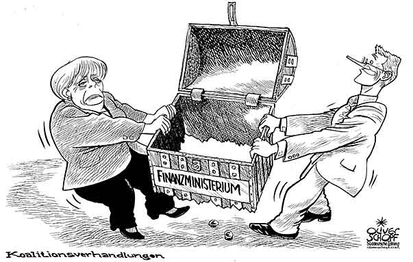  Oliver Schopf, politischer Karikaturist aus Österreich, politische Karikaturen aus Österreich, Karikatur Illustrationen Politik Politiker  Deutschland 2009: angela merkel, guido westerwelle, koalitionsverhandlungen, finanzministerium, schatztruhe, zerren    