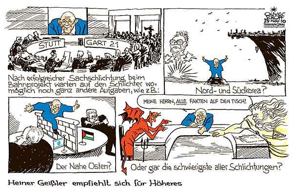  Oliver Schopf, politischer Karikaturist aus Österreich, politische Karikaturen, Illustrationen Archiv politische Karikatur Deutschland: 2010 stuttgart 21 heiner geißler schlichten sachschlichtung nordkorea naher osten gott teufel