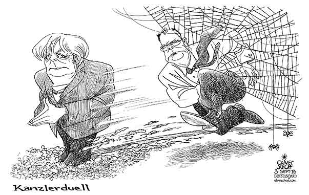 Oliver Schopf, politischer Karikaturist aus Österreich, politische Karikaturen aus Österreich, Karikatur Illustrationen Politik Politiker Deutschland 2013 BUNDESTAGSWAHL TV DUELL MERKEL STEINBRUECK KANZLER KANDIDAT RENNEN 
   