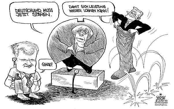  Oliver Schopf, politischer Karikaturist aus Österreich, politische Karikaturen, Illustrationen Archiv politische Karikatur Deutschland  2010 regierung koalition merkel westerwelle seehofer sparen sparschwein sparstrumpf 