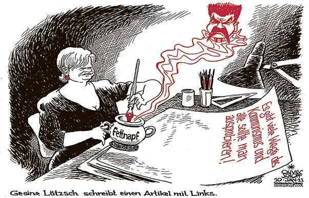  Oliver Schopf, politischer Karikaturist aus Österreich, politische Karikaturen, Illustrationen Archiv politische Karikatur Deutschland:   2011 die linke gesine loetzsch kommunismus artikel fettnapf stalin