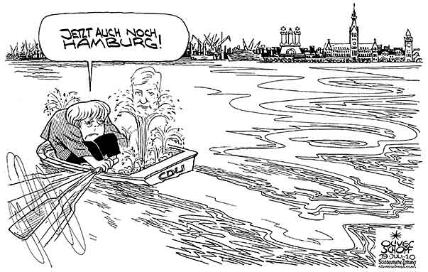  Oliver Schopf, politischer Karikaturist aus Österreich, politische Karikaturen, Illustrationen Archiv politische Karikatur Deutschland  2010  angela merkel kanzlerin cdu ole von beust hamburg boot rudern leck wasser 