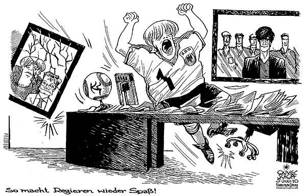  Oliver Schopf, politischer Karikaturist aus Österreich, politische Karikaturen, Illustrationen Archiv politische Karikatur Deutschland  2010  merkel kanzleramt buero fussball loew jubel 