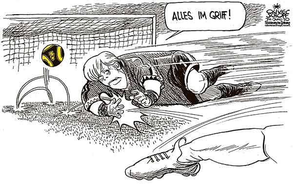 Oliver Schopf, politischer Karikaturist aus Österreich, politische Karikaturen, Illustrationen Archiv politische Karikatur Deutschland  2010 regierung koalition merkel westerwelle schwarz-gelbe koalition fussball tor torhueter 