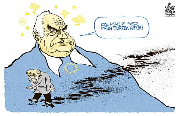  Oliver Schopf, politischer Karikaturist aus Österreich, politische Karikaturen, Illustrationen Archiv politische Karikatur Deutschland  2011   merkel helmut kohl bundeskanzler europa eu die macht mir mein europa kaputt kritik