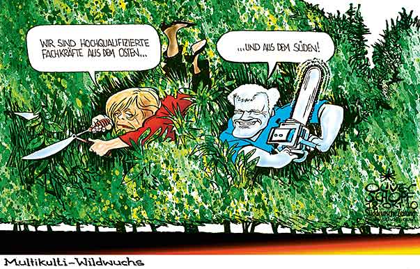  Oliver Schopf, politischer Karikaturist aus Österreich, politische Karikaturen, Illustrationen Archiv politische Karikatur Deutschland  2010  multikulti merkel seehofer cdu csu zuwanderung wildwuchs stutzen motorsaege 