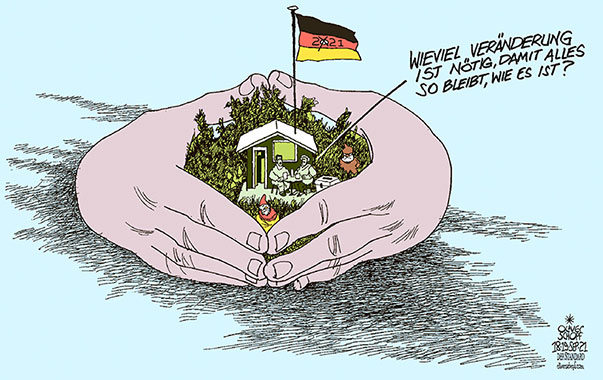 Oliver Schopf, politischer Karikaturist aus Österreich, politische Karikaturen aus Österreich, Karikatur Cartoon Illustrationen Politik Politiker Deutschland 2021: BUNDESTAGSWAHL STAATSBÜRGER WÄHLER SCHREBERGARTEN MERKEL RAUTE SICHERHEIT ZAUN VERÄNDERUNG UNSICHERHEIT ZUKUNFT ÄNGSTE GARTENZWERG


