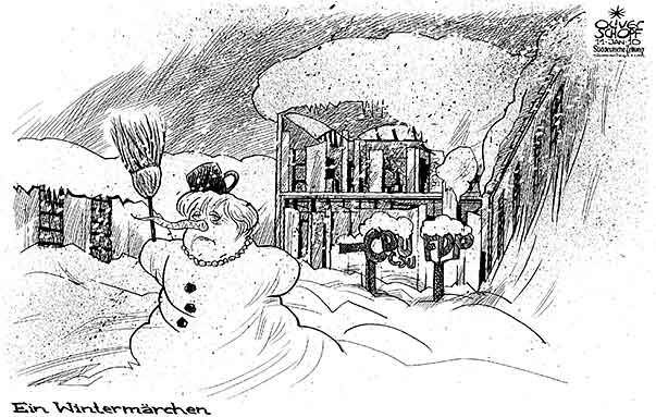 Oliver Schopf, politischer Karikaturist aus Österreich, politische Karikaturen aus Österreich, Karikatur Illustrationen Politik Politiker Deutschland 2010: merkel, schneemann, bundeskanzleramt, winter, schnee, ein wintermaerchen

