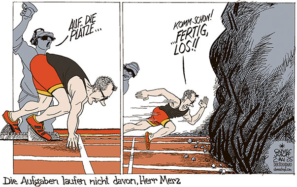Oliver Schopf, politischer Karikaturist aus Österreich, politische Karikaturen aus Österreich, Karikatur Cartoon Illustrationen Politik Politiker Deutschland @oliverschopf.bsky.social 2025: REGIERUNG CDU CSU SPD EINIGUNG FRIEDRICH MERZ BUNDESKANZLER START STARTSCHUSS LAUFEN SPRINT BAHN AUFGABEN HERAUSFORDERUNGEN ACHTUNG FERTIG LOS

















