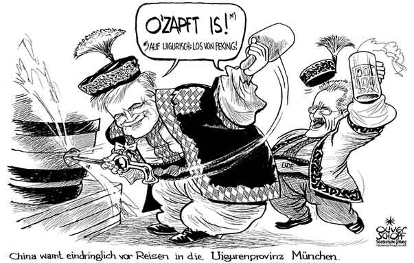 Oliver Schopf, editorial cartoons from Austria, cartoonist from Austria, Austrian illustrations, illustrator from Austria, editorial cartoon Germany 2009: china warning tourist from china not to go to the munic octoberfest. ozapft ist - this means the party has started ude mayor of munich holding a mass beer in his hand octoberfest oktoberfest 
 width=