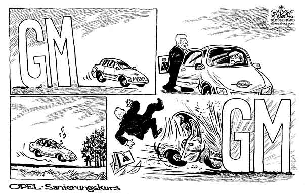 Oliver Schopf, politischer Karikaturist aus Österreich, politische Karikaturen aus Österreich, Karikatur Illustrationen Politik Politiker Deutschland 2009: opel, gm, magna, merkel, stronach, sanierung, auto, crash