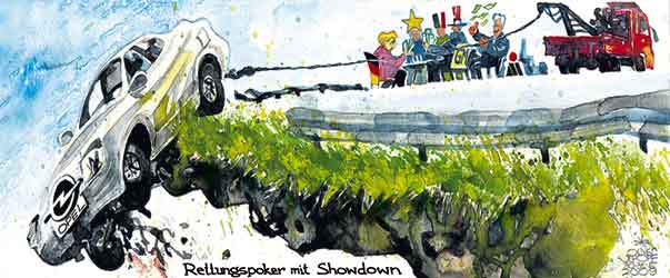  Oliver Schopf, politischer Karikaturist aus Österreich, politische Karikaturen aus Österreich, Karikatur Illustrationen politische Karikaturen Politik Politiker Deutschland 2009: rettungspoker mit showdown  deutschland, opel, rettung, general motors, magna, frank stronach, abgrund, abschleppseil
  