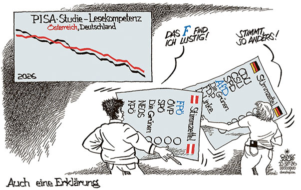 Oliver Schopf, politischer Karikaturist aus Österreich, politische Karikaturen aus Österreich, Karikatur Cartoon Illustrationen Politik Politiker Deutschland @oliverschopf.bsky.social 2026: PISA STUDIE LESEPOMPETENZ SINNERFASSENDES LESEN WAHLEN WÄHLER WAHLZETTEL STIMMZETTEL FPÖ AfD BLAU BUCHSTABE F


























