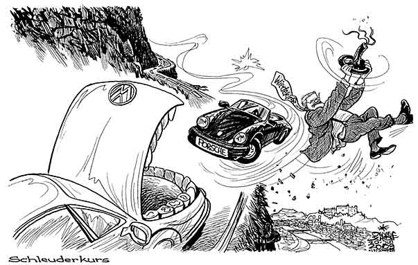 Oliver Schopf, editorial cartoons from Austria, cartoonist from Austria, Austrian illustrations, illustrator from Austria, editorial cartoon Germany 2009: Topmanager Wendelin Wiedeking Porsche Germany leaving to Volkswagen Germany economy cars car changing position