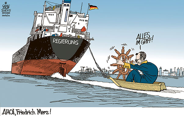 Oliver Schopf, politischer Karikaturist aus Österreich, politische Karikaturen aus Österreich, Karikatur Cartoon Illustrationen Politik Politiker Deutschland @oliverschopf.bsky.social 2025: REGIERUNG KOALITION CDU CSU SPD FRIEDRICH MERZ KANZLER SCHIFF TANKER KAPITÄN STEUERMANN STEUERRAD RETTUNGSBOOT


















