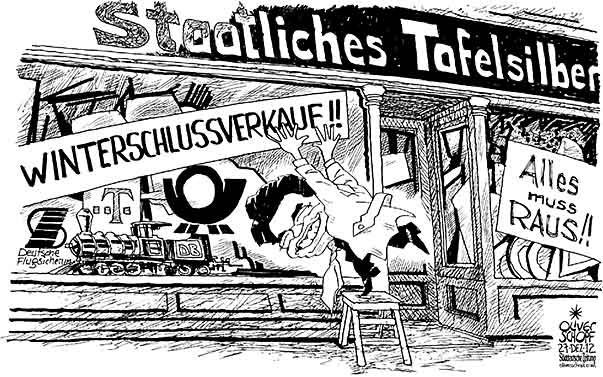 Oliver Schopf, politischer Karikaturist aus Österreich, politische Karikaturen aus Österreich, Karikatur Illustrationen Politik Politiker Deutschland 2012 ROESLER PHILIPP FDP PRIVATISIERUNG TAFELSILBER  DEUTSCHE BAHN TELEKOM POST WINTERSCHLUSSVERKAUF 






























