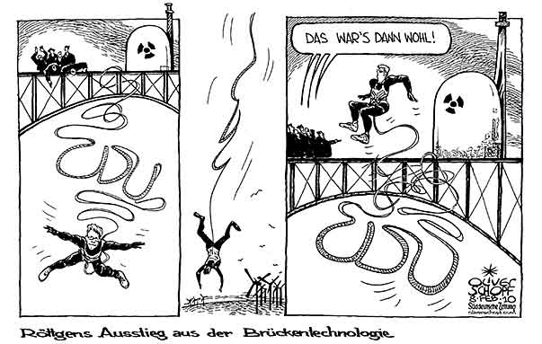  Oliver Schopf, politischer Karikaturist aus Österreich, politische Karikaturen, Illustrationen Archiv politische Karikatur Deutschland:   2010 cdu norbert roettgen cdu atom kernkraft bruecke bungee jumping 