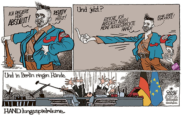 Oliver Schopf, politischer Karikaturist aus Österreich, politische Karikaturen aus Österreich, Karikatur Cartoon Illustrationen Politik Politiker Deutschland @oliverschopf.bsky.social 2026: SACHSEN-ANHALT LANDTAGSWAHLEN AfD SIEGER ULRICH SIEGMUND ABSOLUTE RELATIVE MEHRHEIT HAND REICHEN STINKEFINGER BSW KOALITION BUNDESKANZLER MERZ KANZLERAMT BERLIN BÜRO HÄNDERINGEND 


























