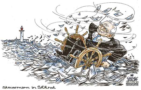  Oliver Schopf, politischer Karikaturist aus Österreich, politische Karikaturen, Illustrationen Archiv politische Karikatur Deutschland:   2010 schaeuble schäuble finanzminister steuer steuermann euro geld seenot 