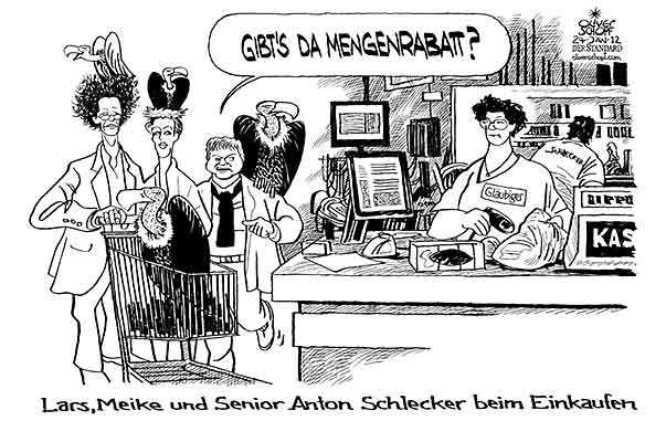  Oliver Schopf, politischer Karikaturist aus Österreich, politische Karikaturen, Illustrationen Archiv politische Karikatur Deutschland 2012 SCHLECKER ANTON LARS MEIKE  DROGERIEMARKT SUPERMARKT EINKAUFEN INSOLVENZ PLEITE GEIER RABATT KASSA  