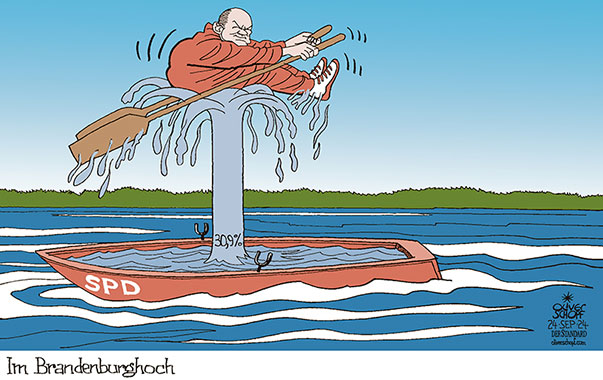 Oliver Schopf, politischer Karikaturist aus Österreich, politische Karikaturen aus Österreich, Karikatur Cartoon Illustrationen Politik Politiker Deutschland 2024: LANDTAGSWAHLEN BRANDENBURG SPD GEWINNER SIEGER OLAF SCHOLZ RUDERBOOT UNDICHT ABSAUFEN RUDERN FONTÄNE IN DER LUFT 
















