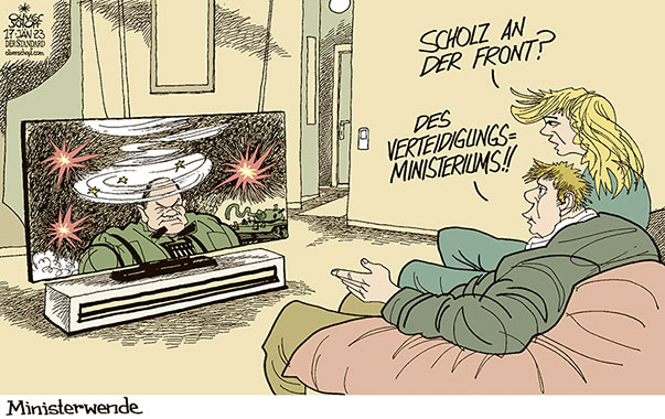 Oliver Schopf, politischer Karikaturist aus Österreich, politische Karikaturen aus Österreich, Karikatur Cartoon Illustrationen Politik Politiker Deutschland 2023: VERTEIDIGUNGSMINISTERIN LAMBRECHT RÜCKTRITT SCHOLZ VERTEIDIGUNGSMINISTERIUM FRONT UKRAINE KRIEG ZEITENWENDE TV NACHRICHTEN ZUSEHER ZUSEHERIN WOHNZIMMER




