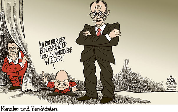 Oliver Schopf, politischer Karikaturist aus Österreich, politische Karikaturen aus Österreich, Karikatur Cartoon Illustrationen Politik Politiker Deutschland 2024: BUNDESTAGSWAHL NEUWAHL OLAF SCHOLZ FRIEDRICH MERZ BORIS PISTORIUS SPD CDU BUNDESKANZKER KANZLERKANDIDAT STATUR
















