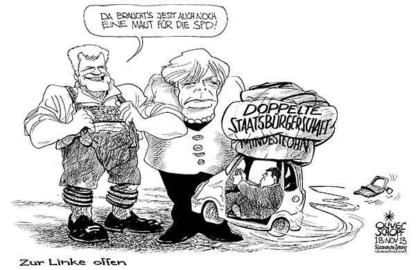 Oliver Schopf, politischer Karikaturist aus Österreich, politische Karikaturen aus Österreich, Karikatur Illustrationen Politik Politiker Deutschland 2013 SPD DIE LINKE AUTO TUER OFFEN GABRIEL SIGMAR MERKEL SEEHOFER DOPPELTE STAATSBUERGERSCHAFT MINDESTLOHN MAUT


   