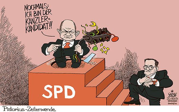 Oliver Schopf, politischer Karikaturist aus Österreich, politische Karikaturen aus Österreich, Karikatur Cartoon Illustrationen Politik Politiker Deutschland 2024: NEUWAHLEN SPD OLAF SCHOLZ KANZLERKANDIDAT BORIS PISTORIUS AMPEL AMPELKOALITION ROT GELB GRÜN SÄGE BASTA KANZLER TREPPE STUFE ZEITENWENDE 















