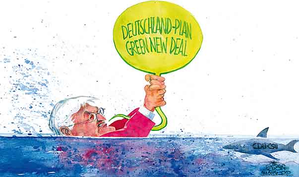  Oliver Schopf, politischer Karikaturist aus Österreich, politische Karikaturen aus Österreich, Karikatur Illustrationen politische Karikaturen Politik Politiker Deutschland 2009: wahlkampf wahl spd frank-walter steinmeier hält ballon der eine sprechblase ist aus wasser daruf steht deutschland-plan green new deal  wasser bis zum hals im wasser lauert cdu csu hai
  