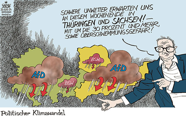 Oliver Schopf, politischer Karikaturist aus Österreich, politische Karikaturen aus Österreich, Karikatur Cartoon Illustrationen Politik Politiker Deutschland 2024: LANDTAGSWAHLEN THÜRINGEN SACHSEN AFD BÜNDNIS SAHRA WAGENKNECHT BSW WETTER WETTERBERICHT WETTERVORSCHAU KARTE UNWETTER ÜBERSCHWEMMUNGEN GEWITTER KLIMAWANDEL 












