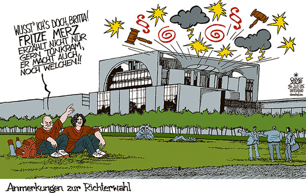 Oliver Schopf, politischer Karikaturist aus Österreich, politische Karikaturen aus Österreich, Karikatur Cartoon Illustrationen Politik Politiker Deutschland @oliverschopf.bsky.social 2025: REGIERUNG KOALITION CDU CSU SPD BUNDESKANZLER FRIEDRICH FRITZE MERZ RICHTER BUNDESVERFASSUNGSGERICHT RICHTERWAHL BROSIUS-GERSDORF BUNDESTAG KANZLERAMT BERLIN OLAF SCHOLZ BRITTA ERNST TÜNKRAM 

















