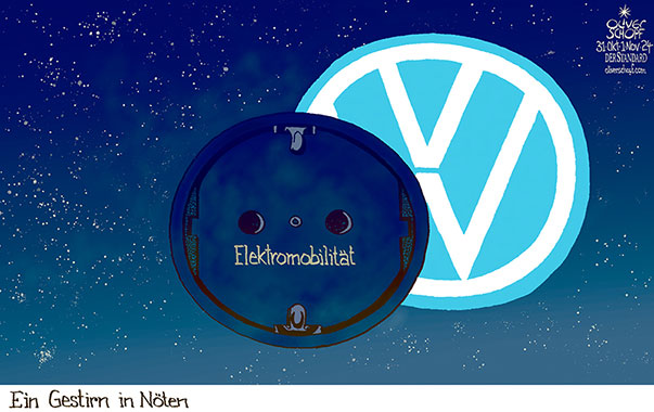 Oliver Schopf, politischer Karikaturist aus Österreich, politische Karikaturen aus Österreich, Karikatur Cartoon Illustrationen Politik Politiker Deutschland 2024: VOLKSWAGEN VW LOGO KRISE EINSCHNITTE KÜNDIGUNGEN CHINA ELEKTROMOBILITÄT STERN GESTIRN SONNENFINSTERNIS WELTRAUM VERDUNKELUNG NÖTE
















