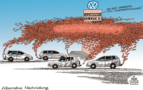  Oliver Schopf, politischer Karikaturist aus Österreich, politische Karikaturen, Illustrationen Archiv politische Karikatur Deutschland Autoindustrie 2018
: VW ZENTRALE WOLFSBURG DIESEL STICKOXIDE SCHADSTOFFEMISSIONEN NACHRÜSTUNG ABGASSKANDAL SAMMELKLAGEN    
