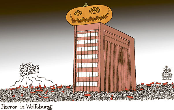 Oliver Schopf, politischer Karikaturist aus Österreich, politische Karikaturen aus Österreich, Karikatur Cartoon Illustrationen Politik Politiker Deutschland 2024: VOLKSWAGEN WOLFSBURG VW LOGO SPAREN EINSCHNITTE KAHLSCHLAG BELEGSCHAFT STREIK WERKSSCHLIESSUNGEN HALLOWEEN HORROR GRUSEL KÜRBIS SÜSSES SAURES
















