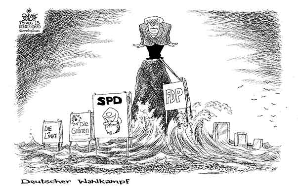 Oliver Schopf, politischer Karikaturist aus Österreich, politische Karikaturen aus Österreich, Karikatur Illustrationen Politik Politiker Europa 2013 BUNDESTAGSWAHLKAMPF DREIECKSTAENDER MERKEL STEINBRUECK FDP DIE GRUENEN DIE LINKE FELS BRANDUNG
   