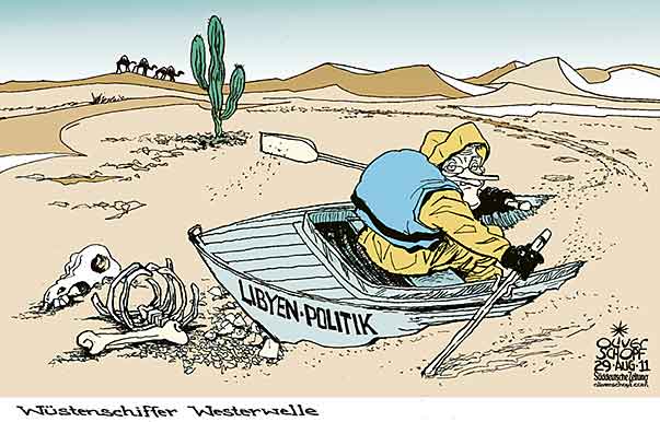  Oliver Schopf, politischer Karikaturist aus Österreich, politische Karikaturen, Illustrationen Archiv politische Karikatur Deutschland Parteien FDP
   2011 aussenminister guido westerwelle fdp libyen wueste rudern boot sand wuestenschiff sahara 